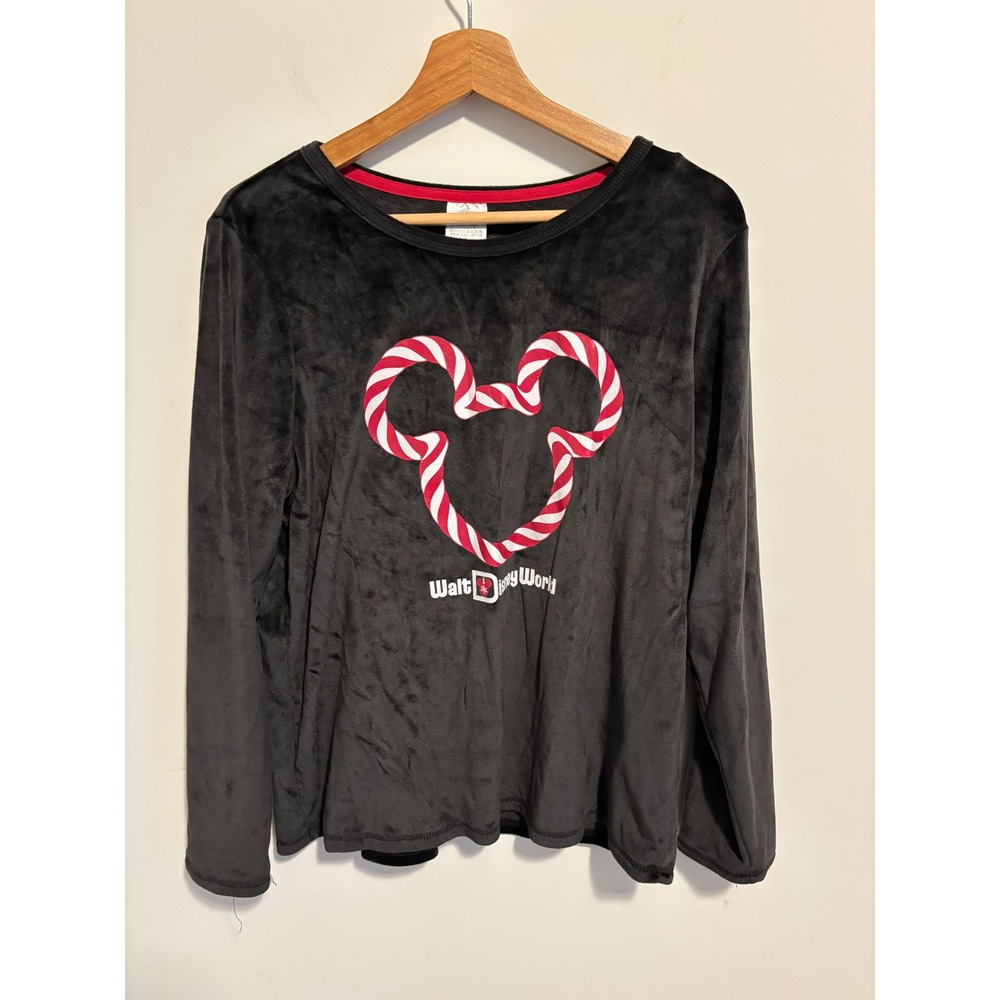 Disney Walt Disney World Candy Cane Mickey Mouse Black Velour Sweatshirt XL